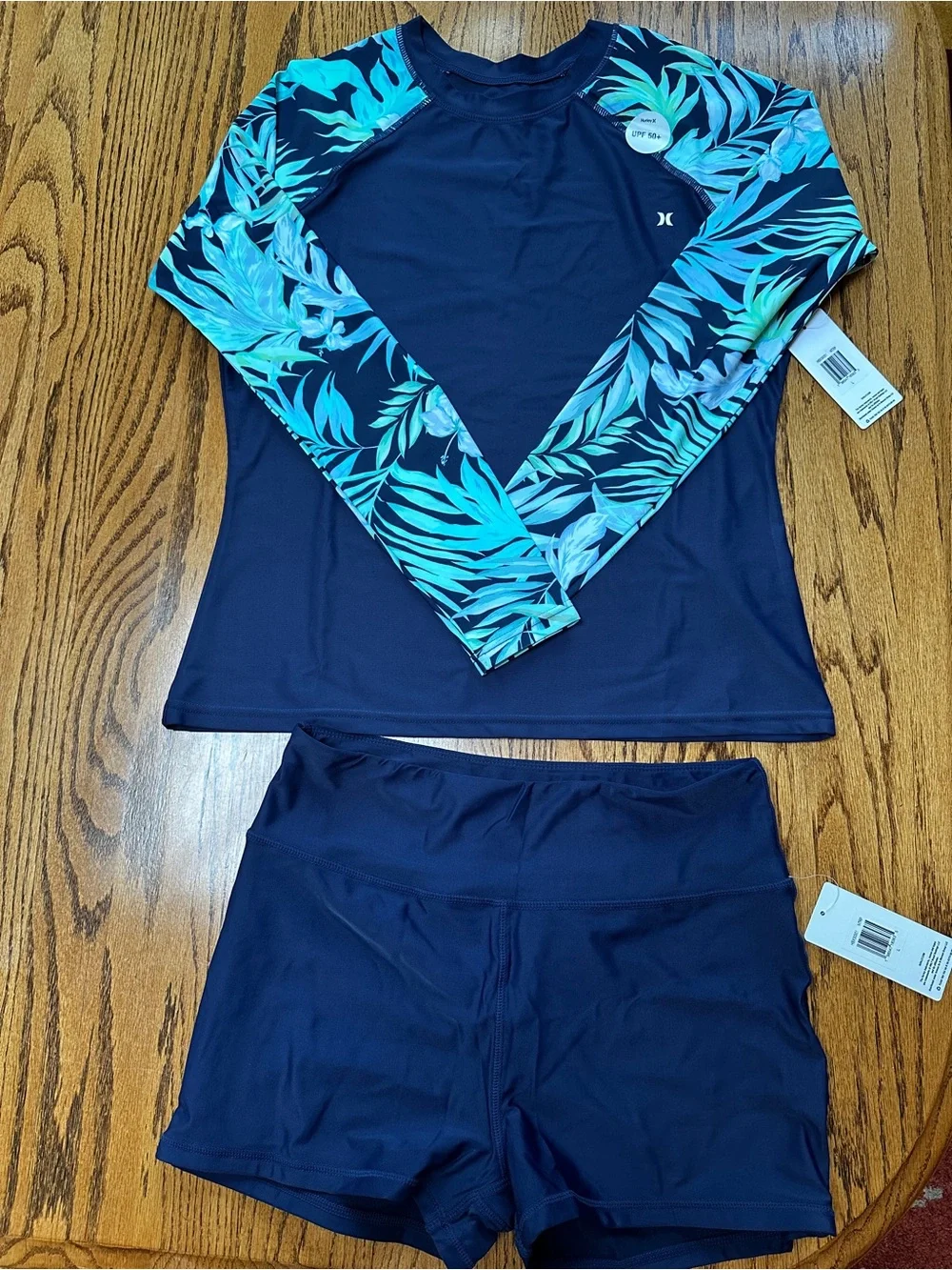 Hurley Navy Swim Rash Guard Set with Teal Leaf-Print Sleeves